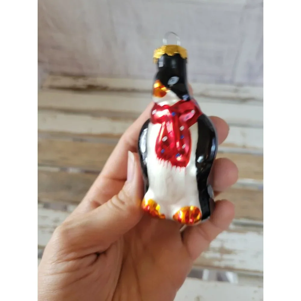 Glass penguin scarf ornament vintage Xmas tree holiday home decor